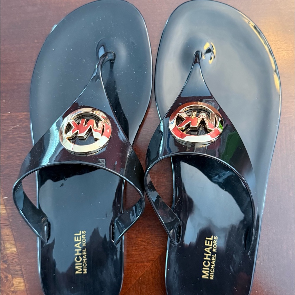 MICHAEL Michael Kors Black Sandals with Gold Logo